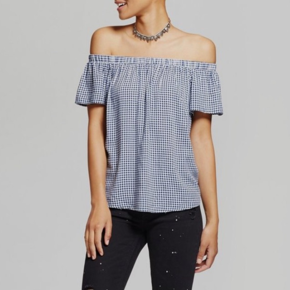 Off the shoulder plaid blue and white top
